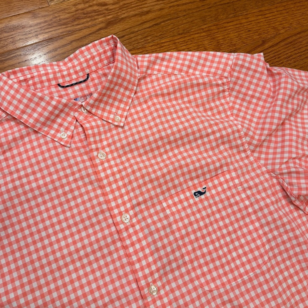 Vineyard Vines Performance Button Down Shirt Mens Large Coral Gingham Stretch